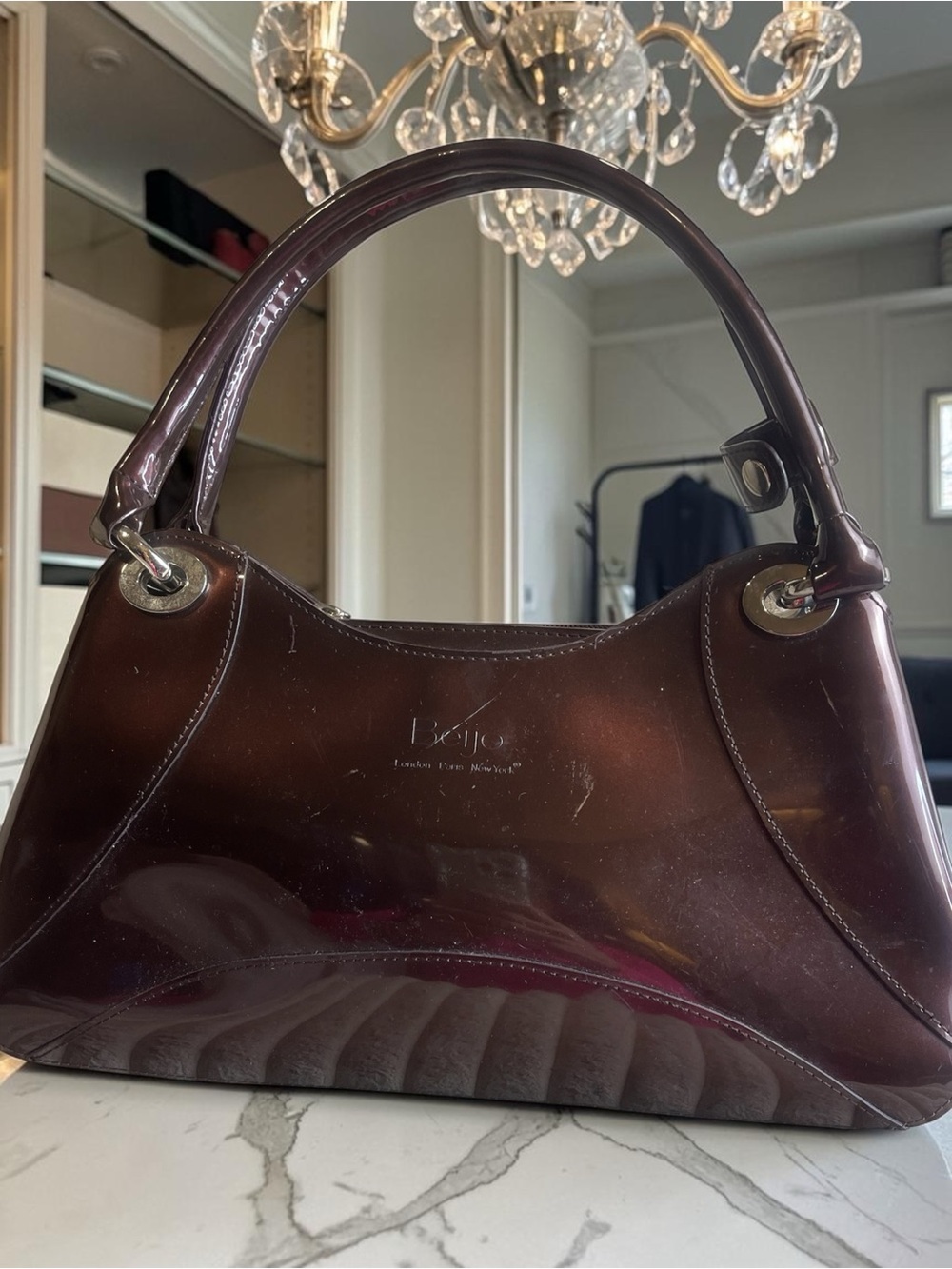 Beijo London Paris New York Brown Patent Shoulder Bag Zip Purse Y2K